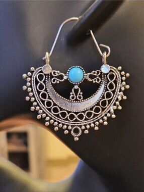 Silver and Blue Crescent Filigree Earrings